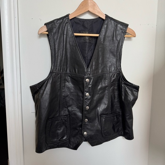 Vintage Black Leather Vest with Silver Buttons western goth grunge XL - Picture 2 of 6